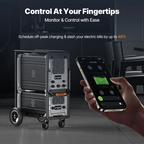 Heavy Duty 12000W Home Backup Power Station 10.65kWh LiFePO4 Battery with smartphone control feature in modern home.