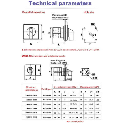 Technical parameters diagram for Changeover Switch Universal Rotary Cam Selector Latching Switch 2 Positions 4 Terminals LW26-20 C02-1 660V 20A