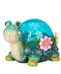 Garden Turtle Statue Outdoor Decor Resin Figurine With Glass Solar Lights featuring a cracked blue glass shell and pink flower