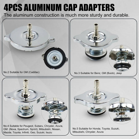 Coolant Pressure Tester Kit With Manual Pump And Adapters For Cars Trucks Motorcycles; aluminum cap adapters shown.