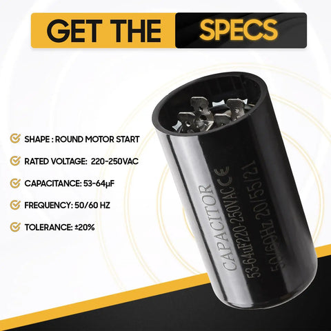 Universal Fit 53 64 uF Motor Start Capacitor 220 250V AC 50 60 Hz Round CD60 with specs details