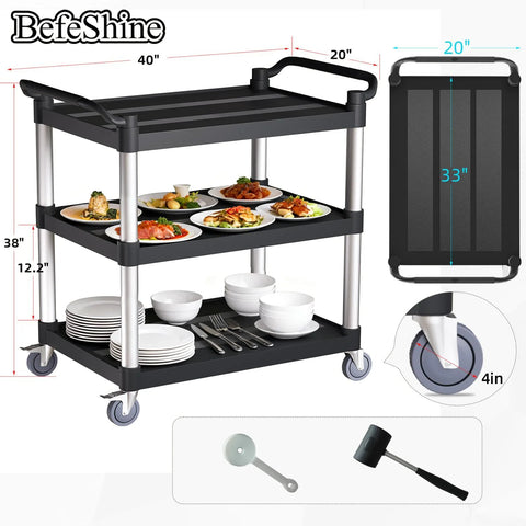 Three Tier Rolling Service Cart With Tangle Free Swivel Wheels And Two Brakes Heavy Duty 450 Lb Capacity Displayed with Plates