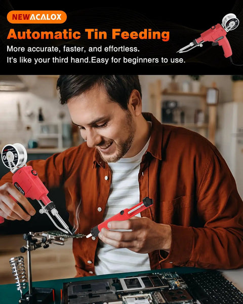 Man using One Hand Soldering Iron Kit With Automatic 60W Solder Gun Desoldering Pump Tweezers And Wires for electronics repair