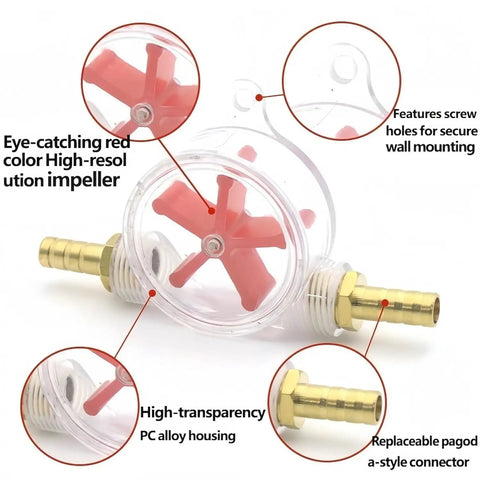 Check Clear Inline Water Flow Indicator With Rotating Impeller For 16mm Push Fit Pipes, transparent PC housing and red impeller details.