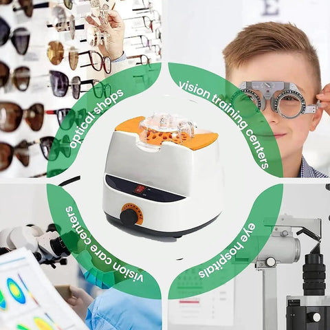 Precision One Touch Eyeglasses Frame Heater Adjustable Optical Warmer Fast Acetate Resin Eyewear Adjuster in optical shop setting.