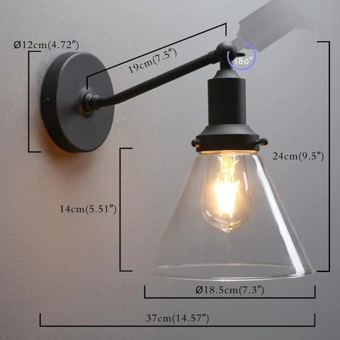 Industrial Vintage Wall Sconce Light Fixture With Slope Pole Mount And Funnel Flared Clear Glass Shade, Matte Black Finish, E26 Base