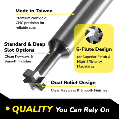 Heavy Duty Keyseat Cutter T Slot End Mill For Precise Keyseat Cuts In Alloy And Hardened Steel 1/4 Inch Dia, 6 Flutes