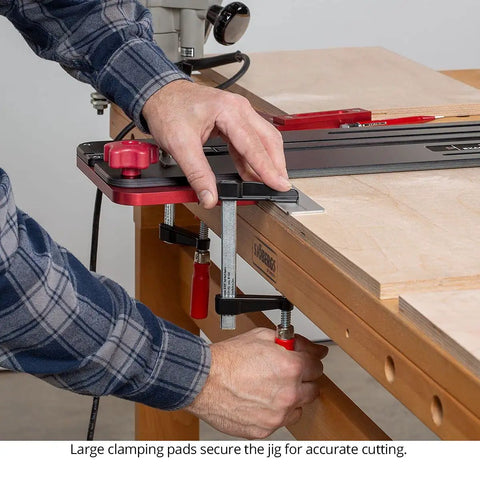 Hook Up This Premium Shop Tested 32 Inch Router Dado Jig And Dial Dead On Grooves Any Day With Its Exact Width System And Chunky Clamping Pad For Easy Routing, showcasing large clamping pads securing the jig.