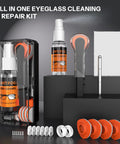 8-in-1 glasses cleaning kit with 24h anti-fog spray, cloths, nose pads and ear grips in a clear case
