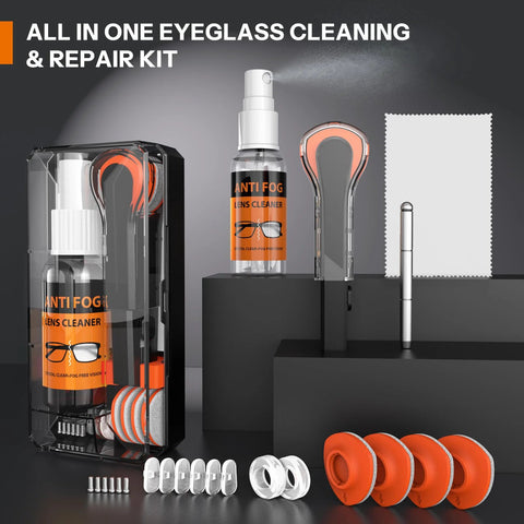 8-in-1 glasses cleaning kit with 24h anti-fog spray, cloths, nose pads and ear grips in a clear case