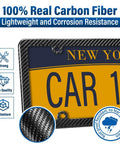 Universal Carbon Fiber License Plate Frame For Us Cars Tag Holder Cover With Screw Caps Four Bolt Mount Lightweight Rust Proof Auto Accessory showing 3D texture and corrosion resistance features.