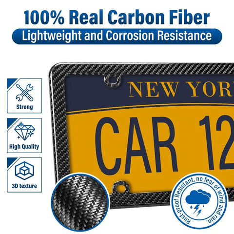 Universal Carbon Fiber License Plate Frame For Us Cars Tag Holder Cover With Screw Caps Four Bolt Mount Lightweight Rust Proof Auto Accessory showing 3D texture and corrosion resistance features.