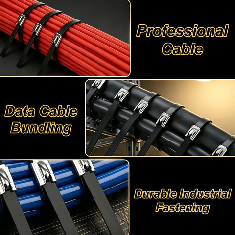 Heavy Duty Beefed Up Black Galvanized Steel Cable Ties Kit With Tie Gun Screwdriver And Protective Gloves 11.8 Inch 304 Stainless Metal Zip Ties For Outdoor Fence Projects All In One used for cable bundling and fastening