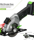 Galax Pro 20V cordless mini circular saw in black and green with 4-1/2" blade, battery, laser guide, and 2 blades.