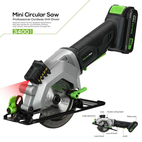 Galax Pro 20V cordless mini circular saw in black and green with 4-1/2" blade, battery, laser guide, and 2 blades.