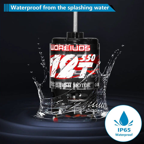 550 Brushed Motor 12T With Heatsink Combo submerged in water showing waterproof IP65 rating for RC trucks
