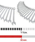 46-Piece Combination Wrench Set With 19 Inch Wrenches And 27 Metric Wrenches, arranged in size order from 6mm to 32mm.