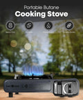 Front view of Butane Camp Stove With Flat Top Griddle Included Portable Piezo Ignition Diecast Aluminum Nonstick Coating Tent Camping Stove For Outdoor Cooking And Kitchen Powerful Burners For Grilling Boiling