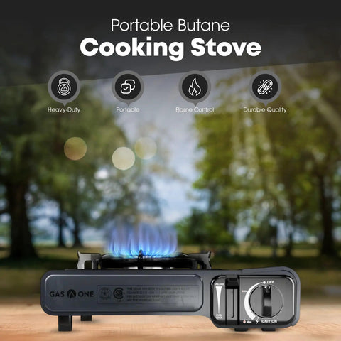 Front view of Butane Camp Stove With Flat Top Griddle Included Portable Piezo Ignition Diecast Aluminum Nonstick Coating Tent Camping Stove For Outdoor Cooking And Kitchen Powerful Burners For Grilling Boiling