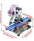 Big Time Automatic Desktop Conveyor Labeler For Flat Bottles And Merchandise Plug And Play Sticker Applicator with dimensions and features.