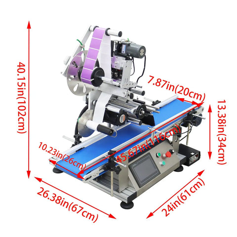 Big Time Automatic Desktop Conveyor Labeler For Flat Bottles And Merchandise Plug And Play Sticker Applicator with dimensions and features.
