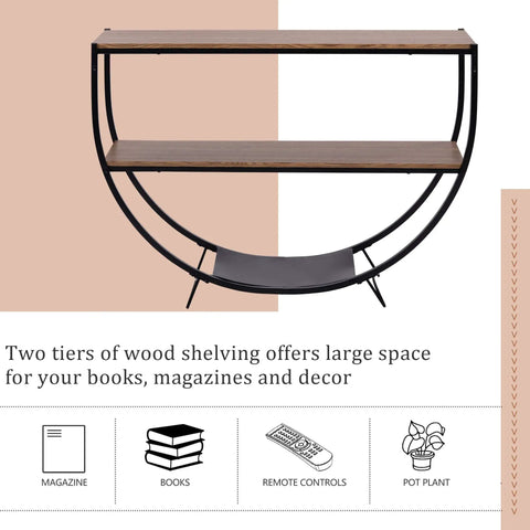 Built Different Industrial Half Circle Console Table For Entryway Heavy Duty Steel Frame Rustic Wood Two Tier Hallway Sofa Table showing two wooden shelves.
