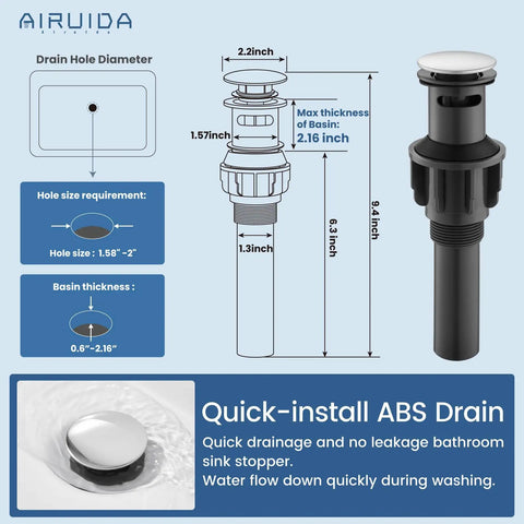 Detailed diagram of pop-up drain dimensions, part of Tall Vessel Sink Faucet With Waterfall Flow Style Single Hole Install One Handle Mixer Tap Chrome Finish Pop Up Drain Premium SUS304 Stainless Steel Bathroom Lavatory Vanity Faucet 1.2 GPM Flow Durable Leak Free.
