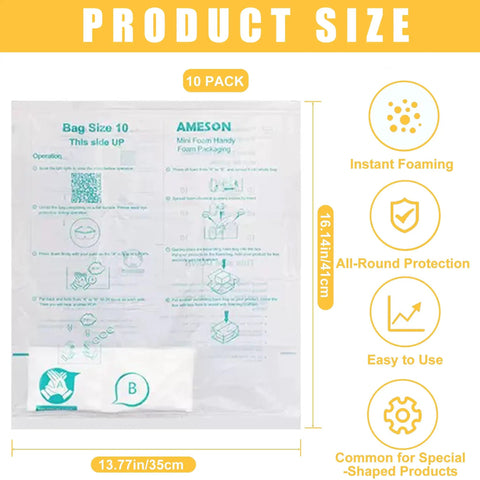 Image of Expandable Packing Foam For Electronics And Irregular Shapes Built To Shield Your Gear With Super Tough Shockproof Moldable Cushioning For PCs Tablets Glassware And Fragile Items 14x16 Inch Protective Packing 10 Pack For Easy Shipping packaging, showing product size and features.