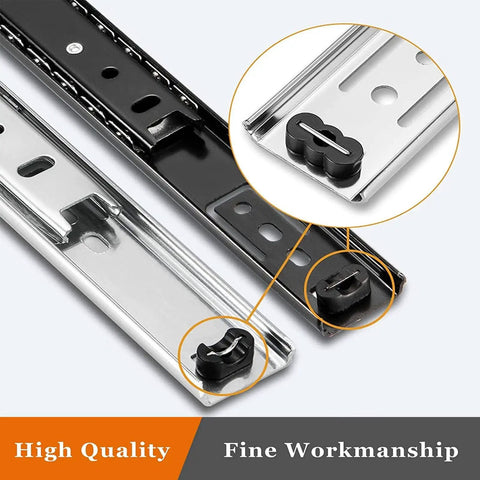 Close-up of Six Pack 20 Inch Drawer Rails With Ball Bearing Beefy Heavy Duty Drawer Slides Side Mount Screws Included Black Finish Durable Steel Glide