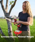 Person using 2-In-1 Cordless Pole Saw And Mini Chainsaw, 8-Inch Brushless Bar, Dual 4000mAh Batteries on tree branch