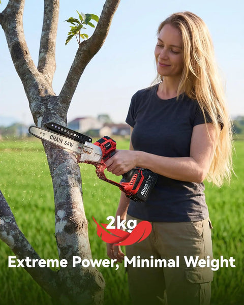 Person using 2-In-1 Cordless Pole Saw And Mini Chainsaw, 8-Inch Brushless Bar, Dual 4000mAh Batteries on tree branch