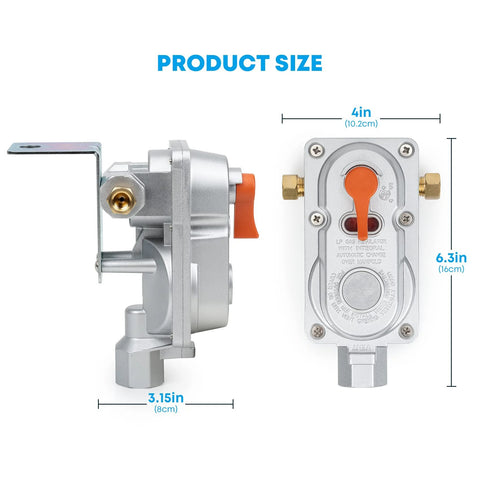 Stanbroil 2-stage auto changeover propane regulator for RVs, front and side views, orange lever, brass fittings