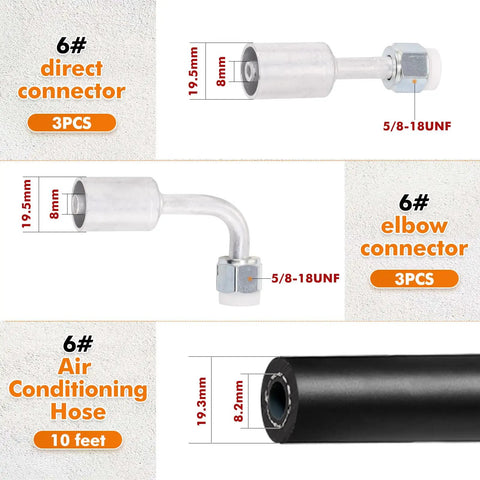 Air Conditioning Hose And Fittings Kit 26-Piece Set With 9.5-Foot Hoses In Sizes 6, 8 And 10 Includes Fittings And Pipe Cutter For DIY HVAC Repairs Great For Home Projects, featuring #6 direct and elbow connectors and air conditioning hose.