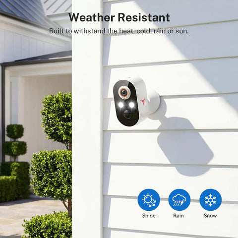Wireless Outdoor Security Camera 1080P With Battery Power mounted on white siding, showing weather-resistant design.