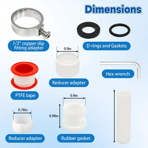 Upgrade Your Bath Game Fast With This Pro Tub Faucet Replacement Kit Including Diverter Spout And Three Handle Knobs For A Sleek Stainless Steel Finish That Fits Standard Connections. Parts shown with 1/2" copper slip fitting adapter, reducer adapters, PTFE tape, gasket, and hex wrench
