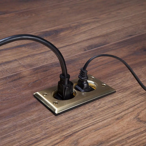 Rectangular Metallic Floor Box Kit With Brass Finish Cover Plate And Tamper Resistant 15A 125V Outlet on wood floor