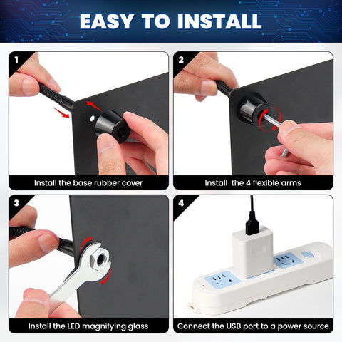 Installation steps of Soldering Station With 5X Magnifying Light And Adjustable 4 Arm PCB Holder for hands-free precision workbench setup