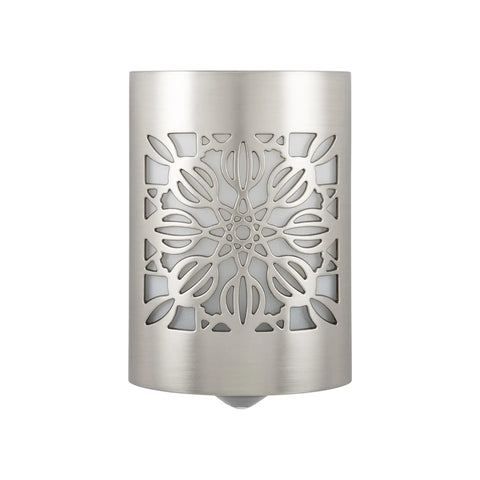 CoverLite LED Night Light With Floral Brushed Nickel Finish, Plug In Smart Dusk To Dawn Sensor, front view on white background