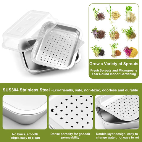 No Fuss Seed Sprouting Kit With Lid For Home Grow, 10.4 Inch Stainless Steel Soilless Germination Tray with mesh and features