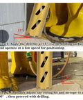 2-inch dry core drill bits for concrete with adapters; yellow drilling setup beside wet concrete with 15° and 90° angle guides.
