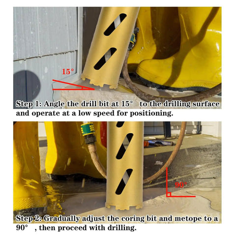 Pro Grade 3 Inch Dry Core Drill Bits for Cured Concrete with Rebar Brick Block Masonry shown in use at 15 and 90 degree angles