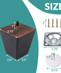 Four Inch Wood Furniture Legs Set Of Four Square Tapered Pyramid Style Replacement Legs For Sofas Couches Armchairs Ottomans And Tables With Three Quarter Inch Top And Two And One Half Inch Bottom And Included Hardware Kit, showing dimensions and hardware components for each leg.
