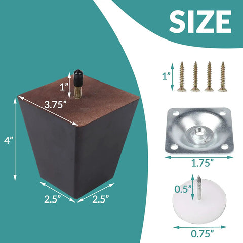 Four Inch Wood Furniture Legs Set Of Four Square Tapered Pyramid Style Replacement Legs For Sofas Couches Armchairs Ottomans And Tables With Three Quarter Inch Top And Two And One Half Inch Bottom And Included Hardware Kit, showing dimensions and hardware components for each leg.
