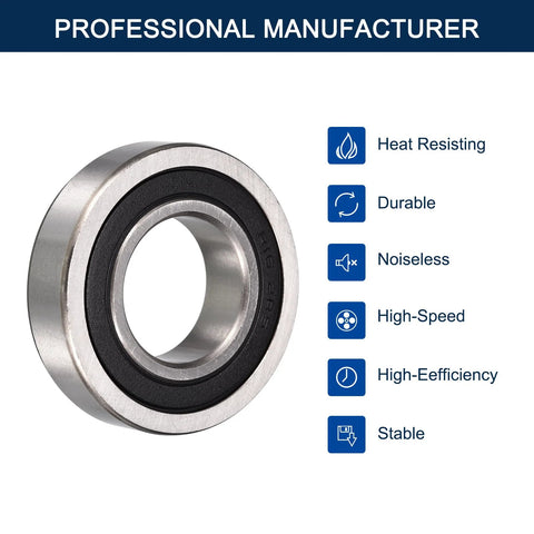 HiPicco R16-2RS deep groove ball bearing, chrome steel, 1 in ID, 2 in OD, 1/2 in width, double rubber-sealed