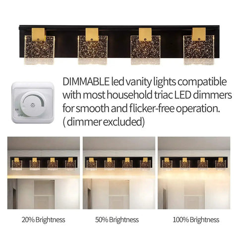 Black And Bronze Vanity Light With Square Bubble Crystal Panel Wall Mounted Sconce Three LED Lights 3000K Warm White, dimmable LED operations and brightness demonstration