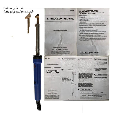 DIY Plastic Welder Repair Kit with 80W Iron and instruction manual, featuring iron tips for car bumpers, dashboards, kayaks repair.
