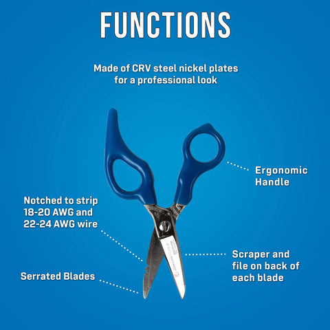 Stainless Steel Electrician Scissors Heavy Duty Cutters With Ergonomic Handles For Pro Wirework And Cable Trimming Built To Last Chrome Vanadium Steel Construction displayed with features labeled.