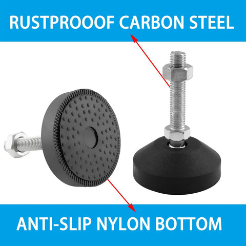 Shop Grade Adjustable Leveling Feet With T Nut Bolts, Four Pack Rubber Cushioned Bases, M8 Thread Kit For Wobbly Tool Cabinets And Workstations Staying Dead Level Always - rustproof carbon steel construction with anti-slip nylon bottom.