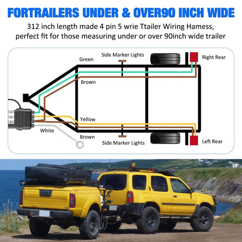 Diagram of 26 Foot 4 Pin 5 Wire Trailer Wiring Harness Kit for boat trailers with 5 wire flat connector shown on towing vehicles