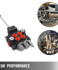 Heavy Duty Dual Spool Hydraulic Joystick Valve For Double Acting Cylinders With 11 GPM Flow And 3600 PSI Range, Directional Control Valve For Tractors, Loaders, Tanks And Log Splitters, Built Tough And Reliable featuring valve with red and gray controls and detailed machinery setup